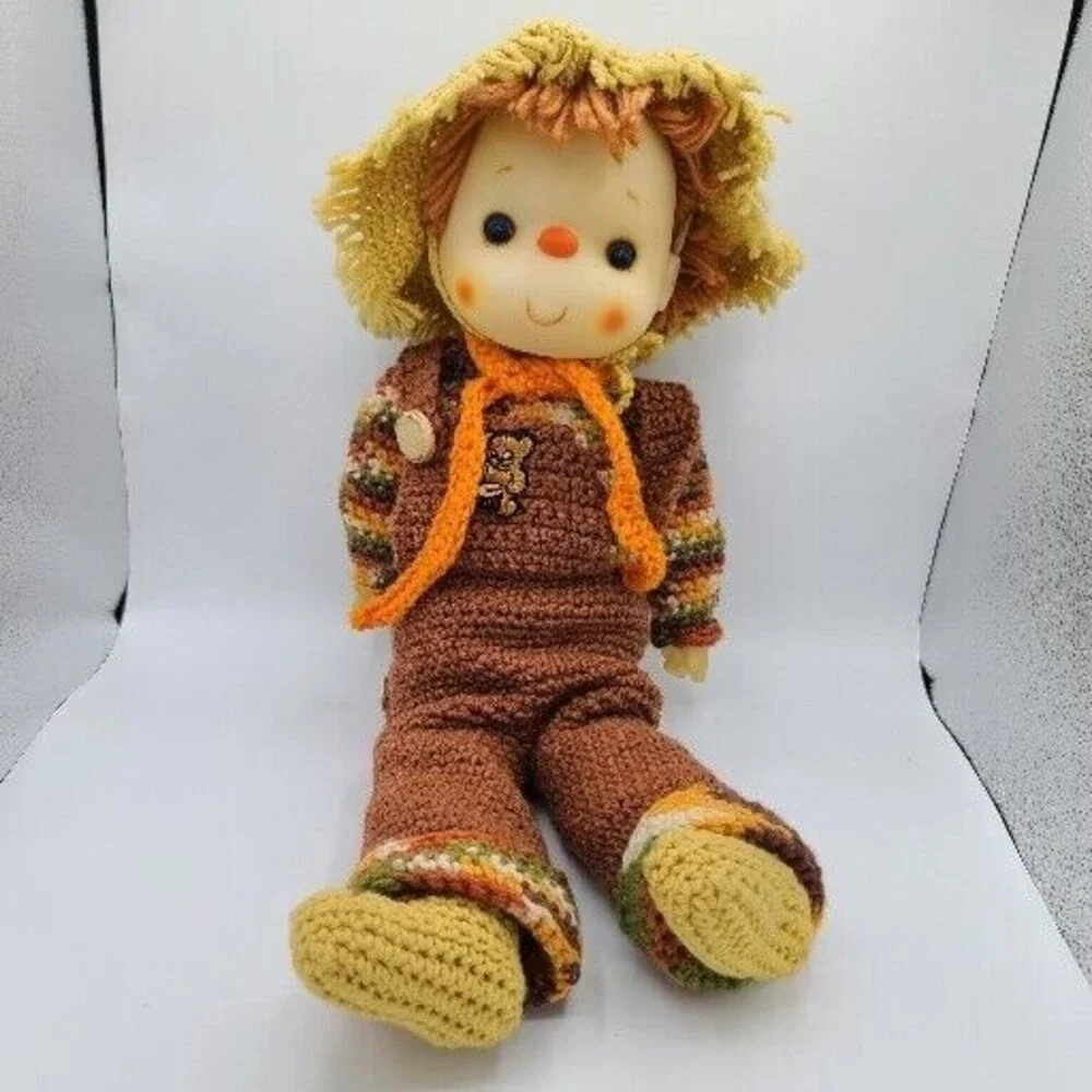 Vintage Handmade Crochet Red Head Boy Doll 20 Inch Brown & Tan Outfit